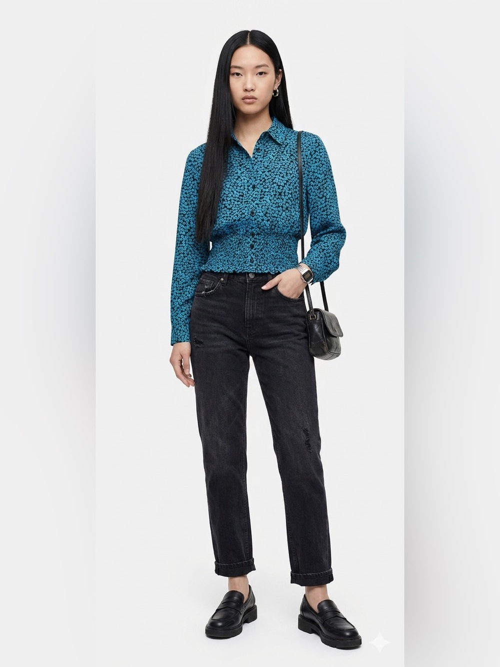 Who What Wear Blue Darling Ditsy Floral Peplum Blouse Size S